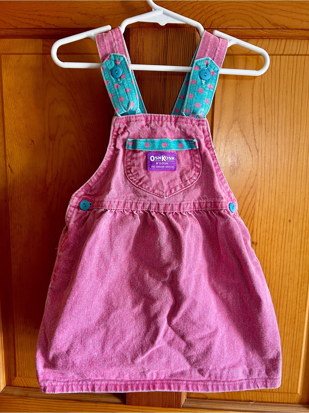 OshKosh B'gosh Pink Corduroy Overall Dress with Teal Polka-Dot Straps